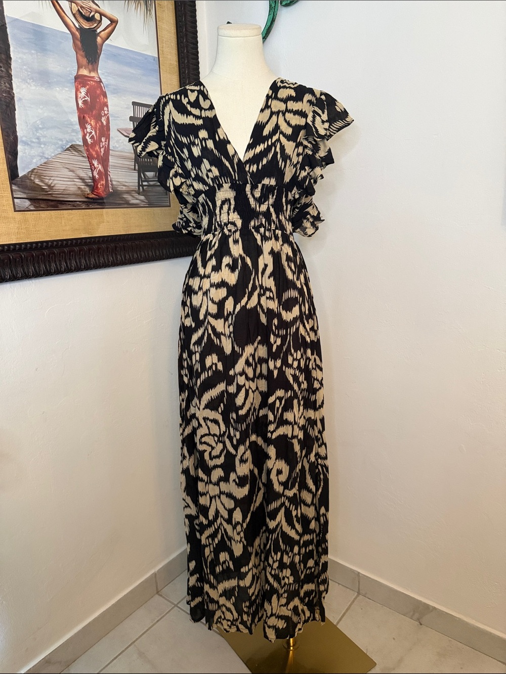 Tiare Hawaii Black and Cream V-Neck Ruffle Maxi Dress